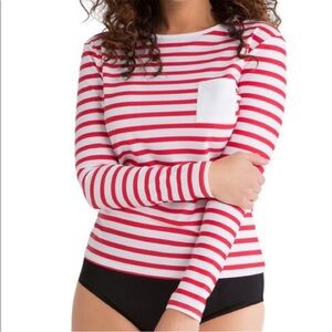 SPANX Sun Shirt Rash Guard Striped Red White Nautical Swim Long Sleeve sz xl